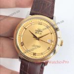 Grade AAA Replica Swiss De Ville Gold Diamond Roman Dial Brown Leather 39mm Omega watch